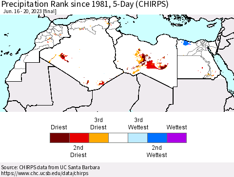 North Africa Precipitation Rank since 1981, 5-Day (CHIRPS) Thematic Map For 6/16/2023 - 6/20/2023