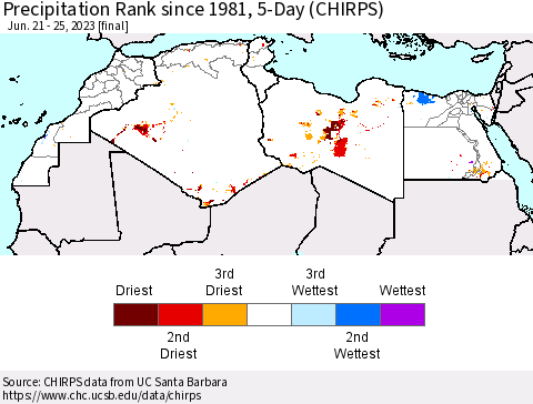 North Africa Precipitation Rank since 1981, 5-Day (CHIRPS) Thematic Map For 6/21/2023 - 6/25/2023