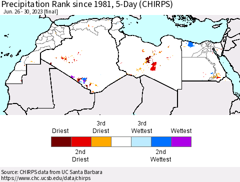 North Africa Precipitation Rank since 1981, 5-Day (CHIRPS) Thematic Map For 6/26/2023 - 6/30/2023