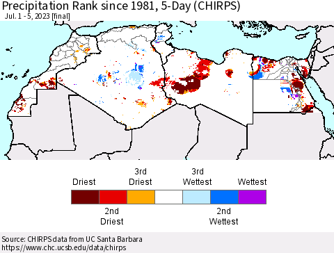 North Africa Precipitation Rank since 1981, 5-Day (CHIRPS) Thematic Map For 7/1/2023 - 7/5/2023