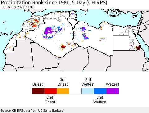 North Africa Precipitation Rank since 1981, 5-Day (CHIRPS) Thematic Map For 7/6/2023 - 7/10/2023