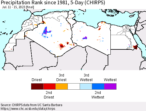 North Africa Precipitation Rank since 1981, 5-Day (CHIRPS) Thematic Map For 7/11/2023 - 7/15/2023