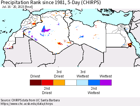North Africa Precipitation Rank since 1981, 5-Day (CHIRPS) Thematic Map For 7/16/2023 - 7/20/2023