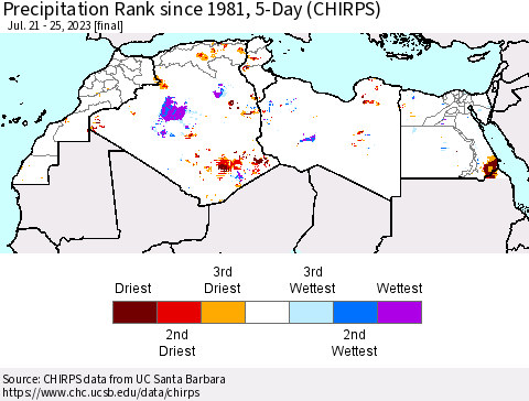 North Africa Precipitation Rank since 1981, 5-Day (CHIRPS) Thematic Map For 7/21/2023 - 7/25/2023
