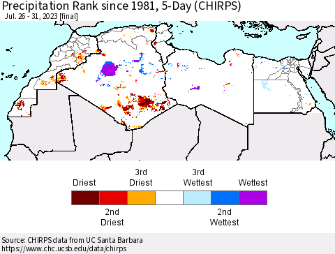 North Africa Precipitation Rank since 1981, 5-Day (CHIRPS) Thematic Map For 7/26/2023 - 7/31/2023