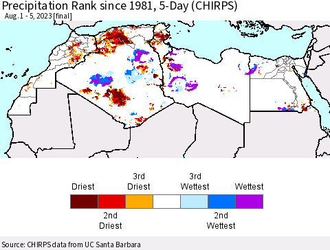 North Africa Precipitation Rank since 1981, 5-Day (CHIRPS) Thematic Map For 8/1/2023 - 8/5/2023
