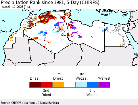 North Africa Precipitation Rank since 1981, 5-Day (CHIRPS) Thematic Map For 8/6/2023 - 8/10/2023