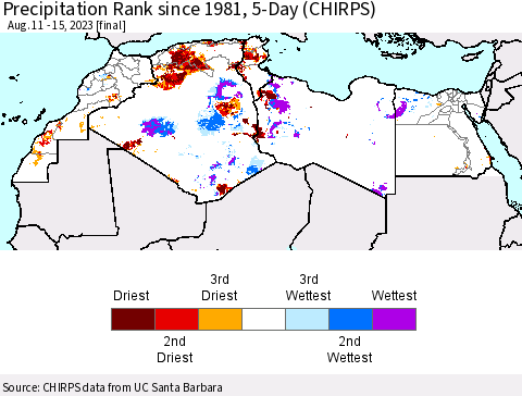 North Africa Precipitation Rank since 1981, 5-Day (CHIRPS) Thematic Map For 8/11/2023 - 8/15/2023