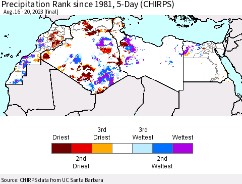 North Africa Precipitation Rank since 1981, 5-Day (CHIRPS) Thematic Map For 8/16/2023 - 8/20/2023