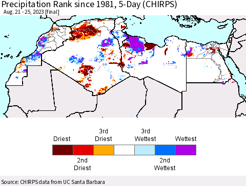 North Africa Precipitation Rank since 1981, 5-Day (CHIRPS) Thematic Map For 8/21/2023 - 8/25/2023