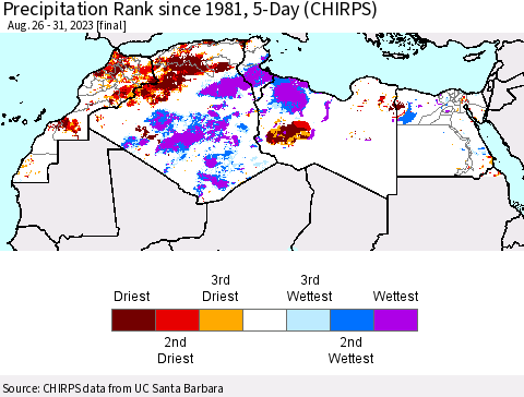 North Africa Precipitation Rank since 1981, 5-Day (CHIRPS) Thematic Map For 8/26/2023 - 8/31/2023