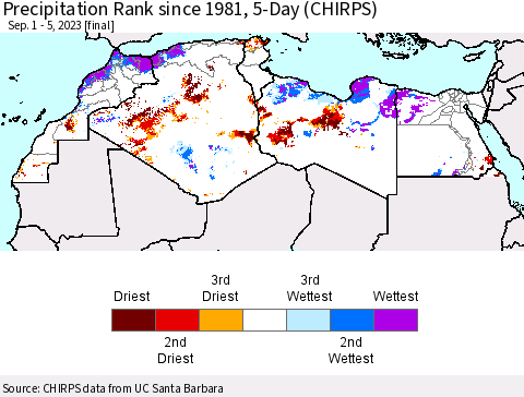 North Africa Precipitation Rank since 1981, 5-Day (CHIRPS) Thematic Map For 9/1/2023 - 9/5/2023