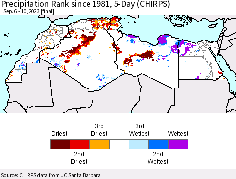 North Africa Precipitation Rank since 1981, 5-Day (CHIRPS) Thematic Map For 9/6/2023 - 9/10/2023