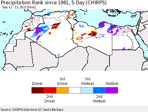 North Africa Precipitation Rank since 1981, 5-Day (CHIRPS) Thematic Map For 9/11/2023 - 9/15/2023