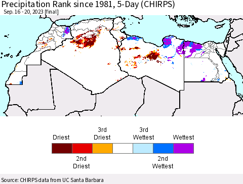 North Africa Precipitation Rank since 1981, 5-Day (CHIRPS) Thematic Map For 9/16/2023 - 9/20/2023