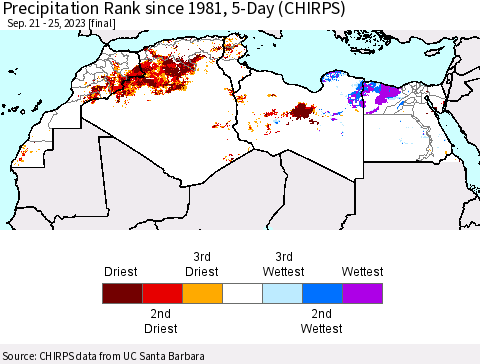 North Africa Precipitation Rank since 1981, 5-Day (CHIRPS) Thematic Map For 9/21/2023 - 9/25/2023