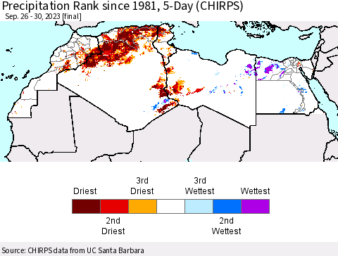 North Africa Precipitation Rank since 1981, 5-Day (CHIRPS) Thematic Map For 9/26/2023 - 9/30/2023
