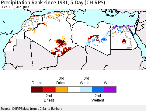 North Africa Precipitation Rank since 1981, 5-Day (CHIRPS) Thematic Map For 10/1/2023 - 10/5/2023