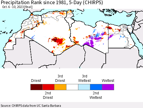 North Africa Precipitation Rank since 1981, 5-Day (CHIRPS) Thematic Map For 10/6/2023 - 10/10/2023
