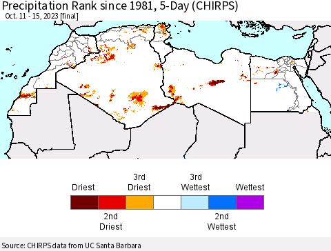 North Africa Precipitation Rank since 1981, 5-Day (CHIRPS) Thematic Map For 10/11/2023 - 10/15/2023
