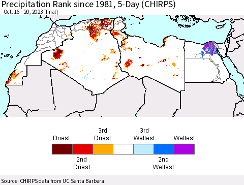 North Africa Precipitation Rank since 1981, 5-Day (CHIRPS) Thematic Map For 10/16/2023 - 10/20/2023