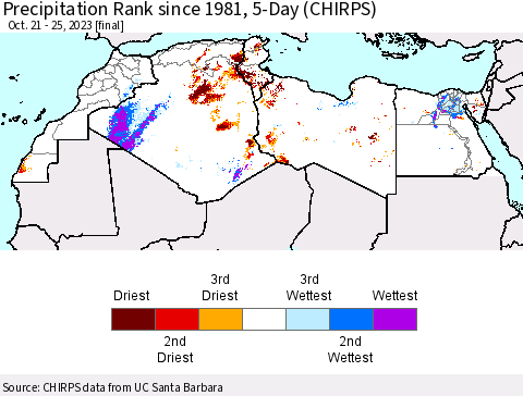 North Africa Precipitation Rank since 1981, 5-Day (CHIRPS) Thematic Map For 10/21/2023 - 10/25/2023