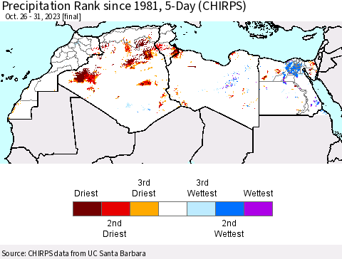 North Africa Precipitation Rank since 1981, 5-Day (CHIRPS) Thematic Map For 10/26/2023 - 10/31/2023