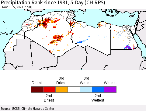 North Africa Precipitation Rank since 1981, 5-Day (CHIRPS) Thematic Map For 11/1/2023 - 11/5/2023