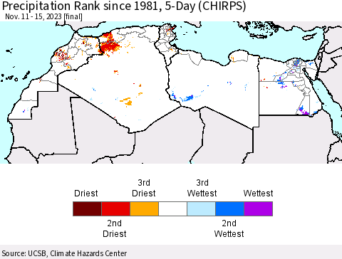 North Africa Precipitation Rank since 1981, 5-Day (CHIRPS) Thematic Map For 11/11/2023 - 11/15/2023