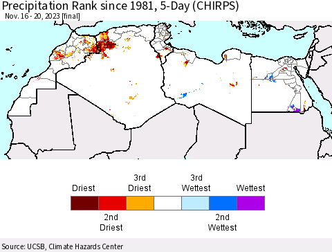 North Africa Precipitation Rank since 1981, 5-Day (CHIRPS) Thematic Map For 11/16/2023 - 11/20/2023