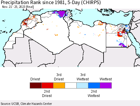 North Africa Precipitation Rank since 1981, 5-Day (CHIRPS) Thematic Map For 11/21/2023 - 11/25/2023