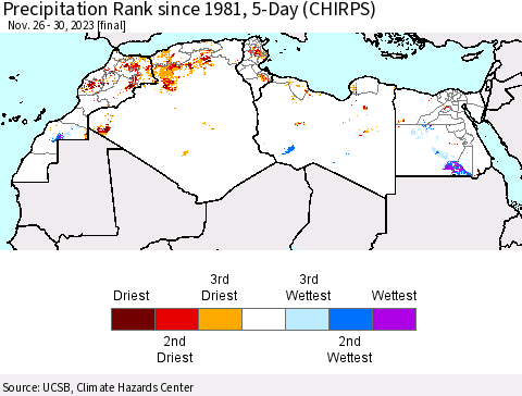 North Africa Precipitation Rank since 1981, 5-Day (CHIRPS) Thematic Map For 11/26/2023 - 11/30/2023