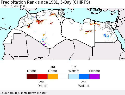 North Africa Precipitation Rank since 1981, 5-Day (CHIRPS) Thematic Map For 12/1/2023 - 12/5/2023
