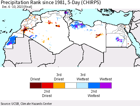 North Africa Precipitation Rank since 1981, 5-Day (CHIRPS) Thematic Map For 12/6/2023 - 12/10/2023
