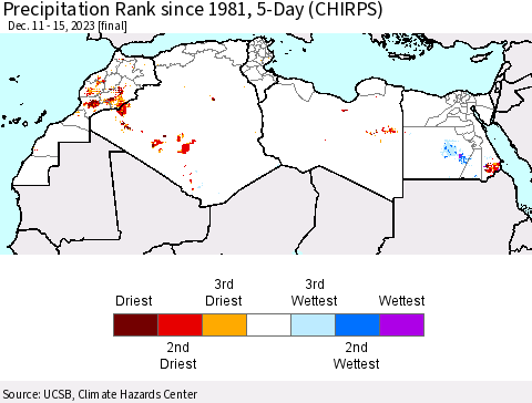 North Africa Precipitation Rank since 1981, 5-Day (CHIRPS) Thematic Map For 12/11/2023 - 12/15/2023