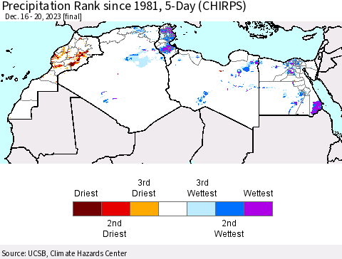 North Africa Precipitation Rank since 1981, 5-Day (CHIRPS) Thematic Map For 12/16/2023 - 12/20/2023
