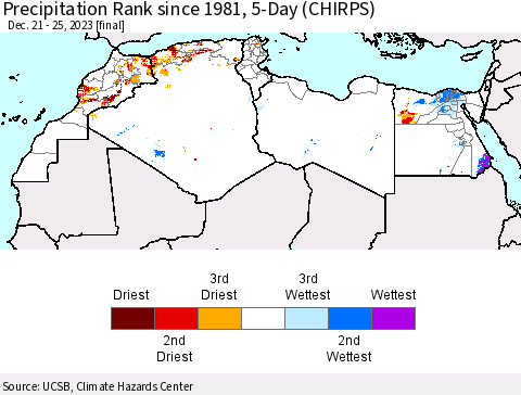 North Africa Precipitation Rank since 1981, 5-Day (CHIRPS) Thematic Map For 12/21/2023 - 12/25/2023