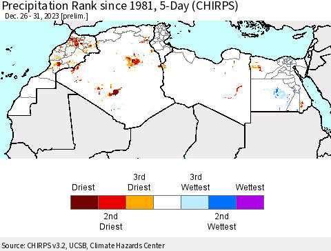 North Africa Precipitation Rank since 1981, 5-Day (CHIRPS) Thematic Map For 12/26/2023 - 12/31/2023