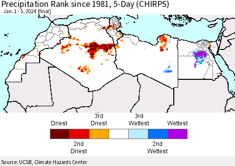 North Africa Precipitation Rank since 1981, 5-Day (CHIRPS) Thematic Map For 1/1/2024 - 1/5/2024