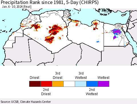 North Africa Precipitation Rank since 1981, 5-Day (CHIRPS) Thematic Map For 1/6/2024 - 1/10/2024
