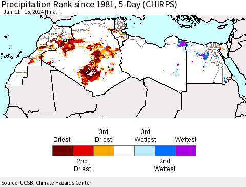 North Africa Precipitation Rank since 1981, 5-Day (CHIRPS) Thematic Map For 1/11/2024 - 1/15/2024