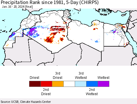 North Africa Precipitation Rank since 1981, 5-Day (CHIRPS) Thematic Map For 1/16/2024 - 1/20/2024