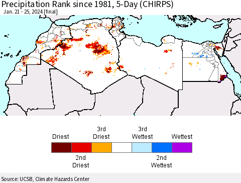 North Africa Precipitation Rank since 1981, 5-Day (CHIRPS) Thematic Map For 1/21/2024 - 1/25/2024