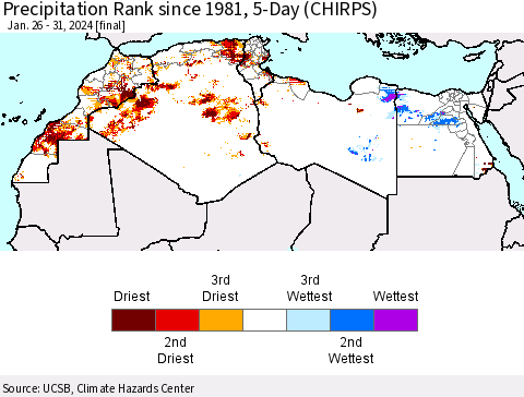 North Africa Precipitation Rank since 1981, 5-Day (CHIRPS) Thematic Map For 1/26/2024 - 1/31/2024