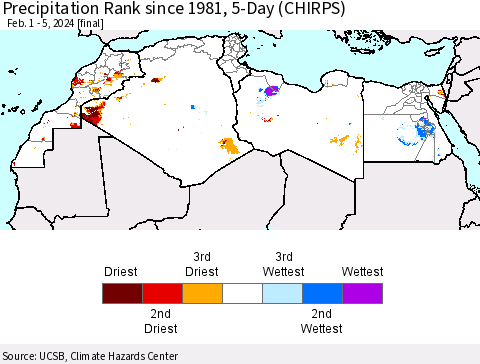 North Africa Precipitation Rank since 1981, 5-Day (CHIRPS) Thematic Map For 2/1/2024 - 2/5/2024