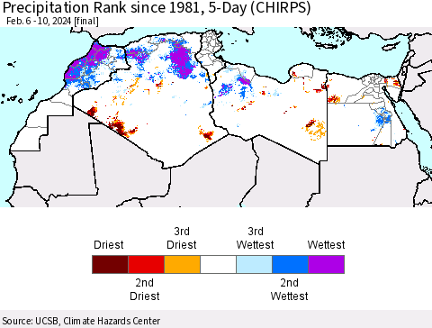 North Africa Precipitation Rank since 1981, 5-Day (CHIRPS) Thematic Map For 2/6/2024 - 2/10/2024