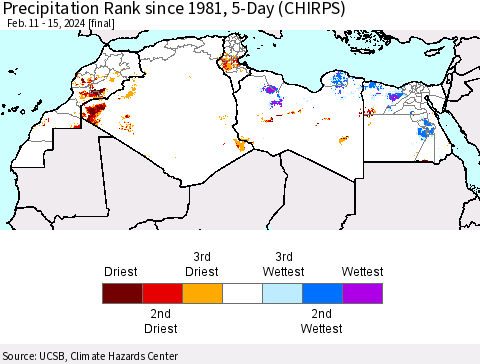 North Africa Precipitation Rank since 1981, 5-Day (CHIRPS) Thematic Map For 2/11/2024 - 2/15/2024