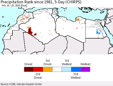 North Africa Precipitation Rank since 1981, 5-Day (CHIRPS) Thematic Map For 2/16/2024 - 2/20/2024
