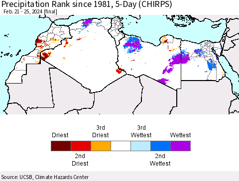 North Africa Precipitation Rank since 1981, 5-Day (CHIRPS) Thematic Map For 2/21/2024 - 2/25/2024