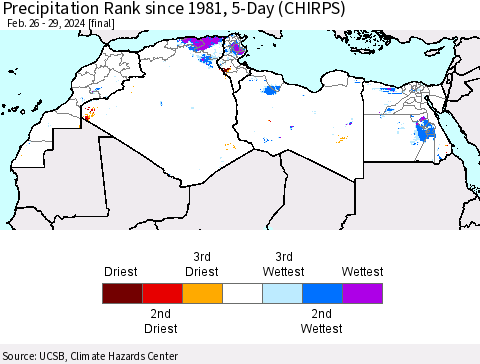 North Africa Precipitation Rank since 1981, 5-Day (CHIRPS) Thematic Map For 2/26/2024 - 2/29/2024